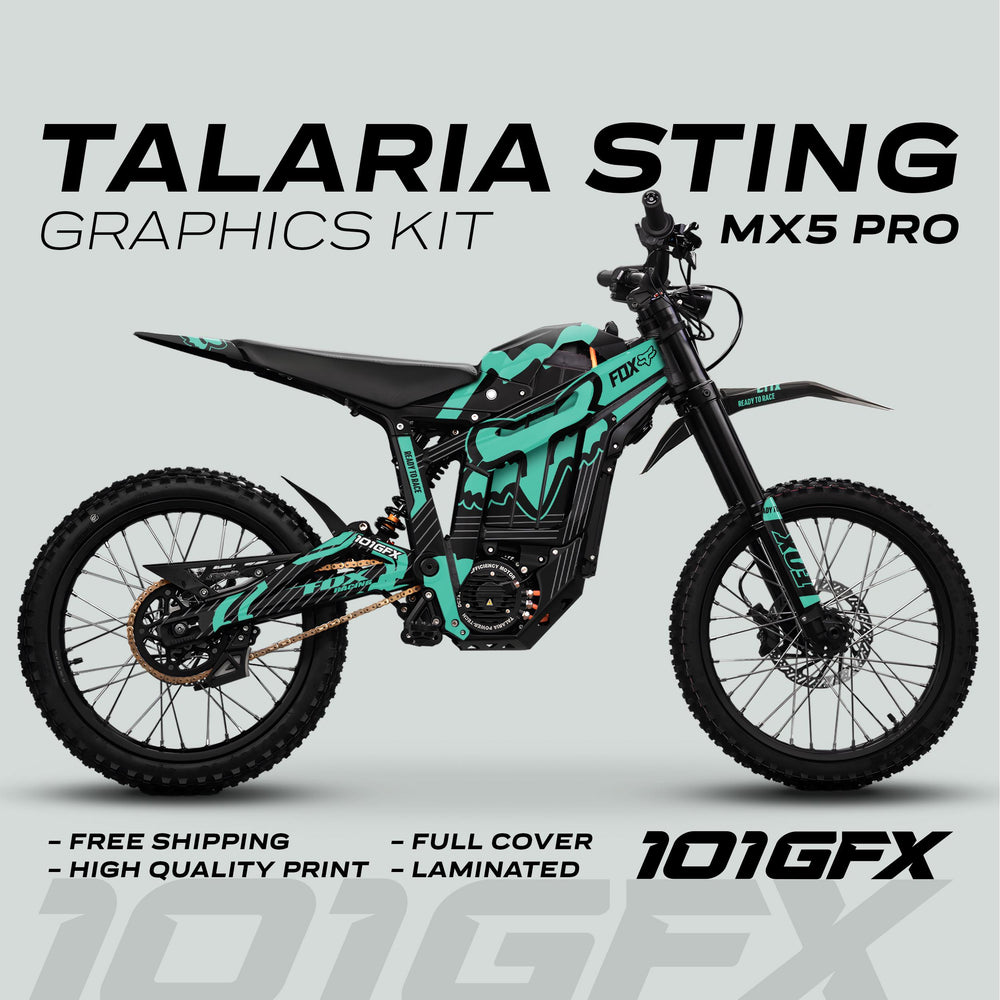 Talaria Sting MX5 PRO Graphics Kit: Teal-and-black Fox-branded decals on electric off-road bike. Features free shipping, high-quality print, full cover, laminated finish.