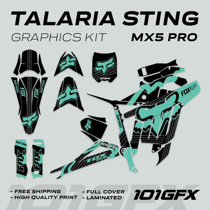 Talaria Sting MX5 PRO Graphics Kit FOX STRIPES decals, featuring die-cut panels with Fox logo and Ready to Race slogan, offers full coverage and high-quality print.