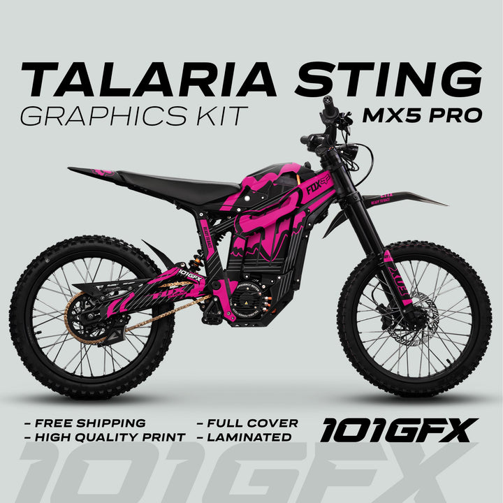 Talaria Sting MX5 PRO Graphics Kit FOX STRIPES Black Magenta Decals on electric dirt bike, showcasing full coverage, high-quality print, laminated finish, free shipping.