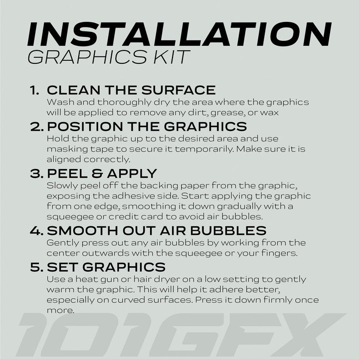 Instruction sheet for Talaria Sting MX5 PRO Graphics Kit FOX STRIPES Black Mint Decals, detailing step-by-step application process with cleaning, positioning, applying, smoothing, and setting instructions.