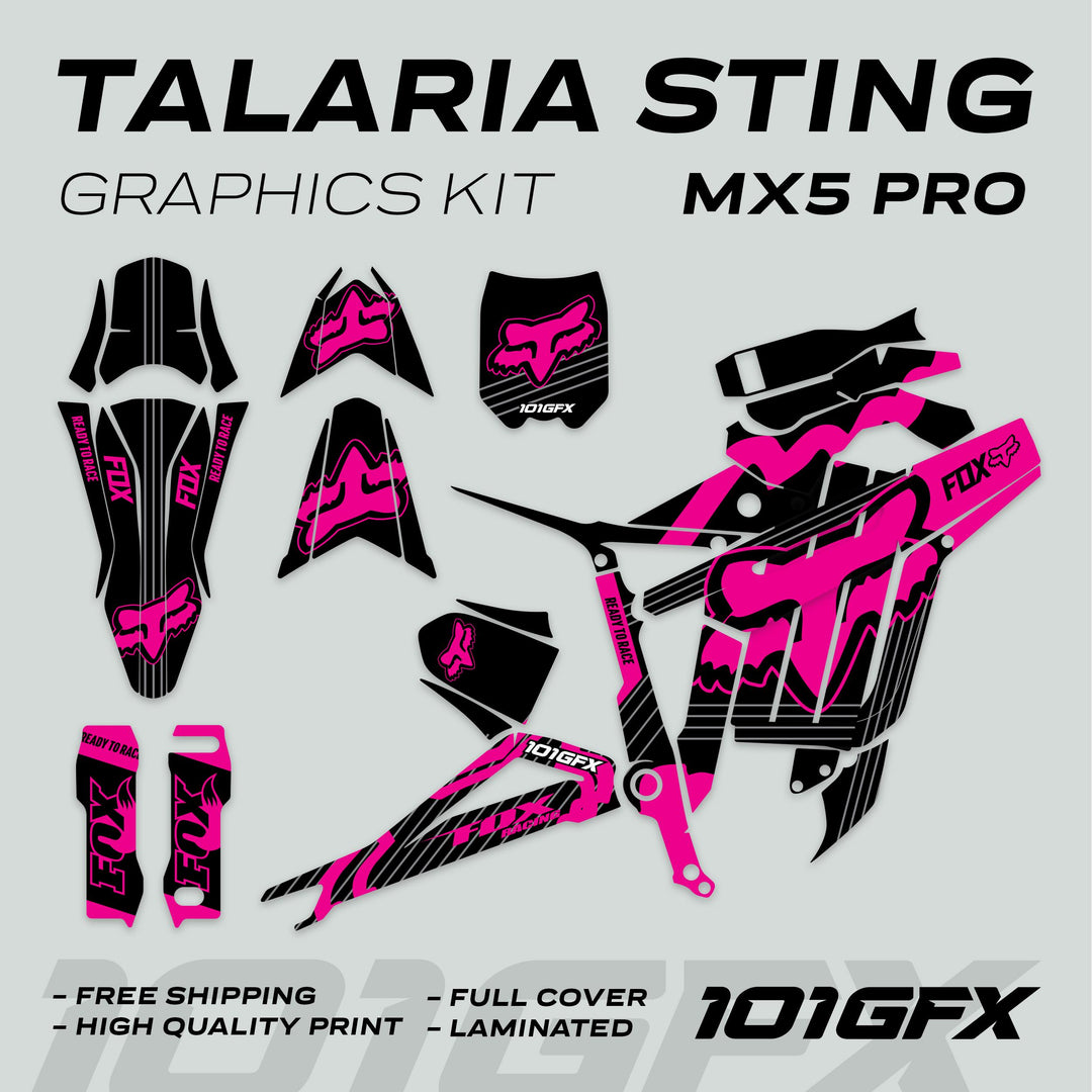 Talaria Sting MX5 PRO Graphics Kit FOX STRIPES decals laid out, featuring full-cover design for bike parts, highlighted by high-quality print and easy application features.