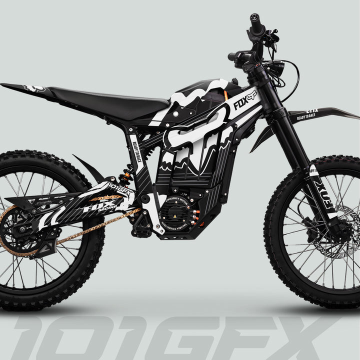 Talaria Sting MX5 PRO Graphics Kit FOX STRIPES Black White Decals on a motocross-style electric bike, showcasing full-coverage design and durable materials.