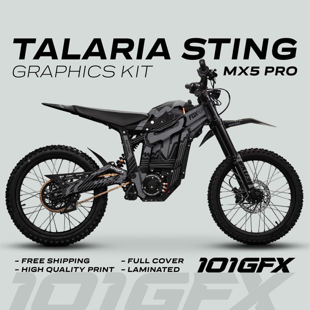 Talaria Sting MX5 PRO Graphics Kit FOX STRIPES, featuring a black-gray camo wrap, full cover, and high-quality print, with free shipping and 101GFX branding.