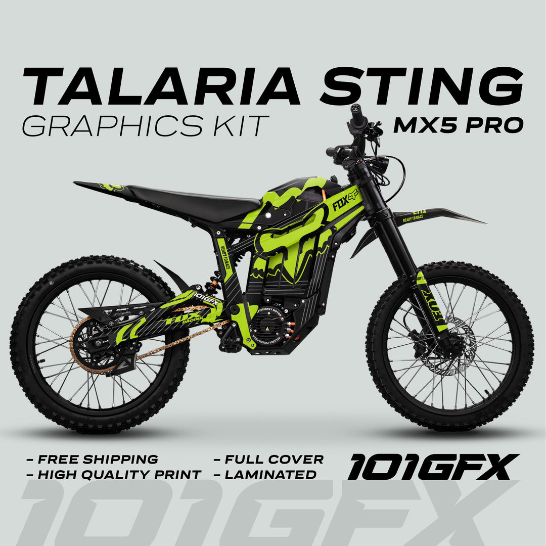 Talaria Sting MX5 PRO Graphics Kit FOX STRIPES Black Green Decals on electric dirt bike, showcasing vibrant full-coverage design with Fox branding, highlighting durability and easy application.