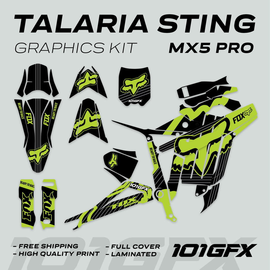Talaria Sting MX5 PRO Graphics Kit FOX STRIPES features die-cut decals for bike panels with Ready to Race and FOX branding, highlighting quality and coverage.