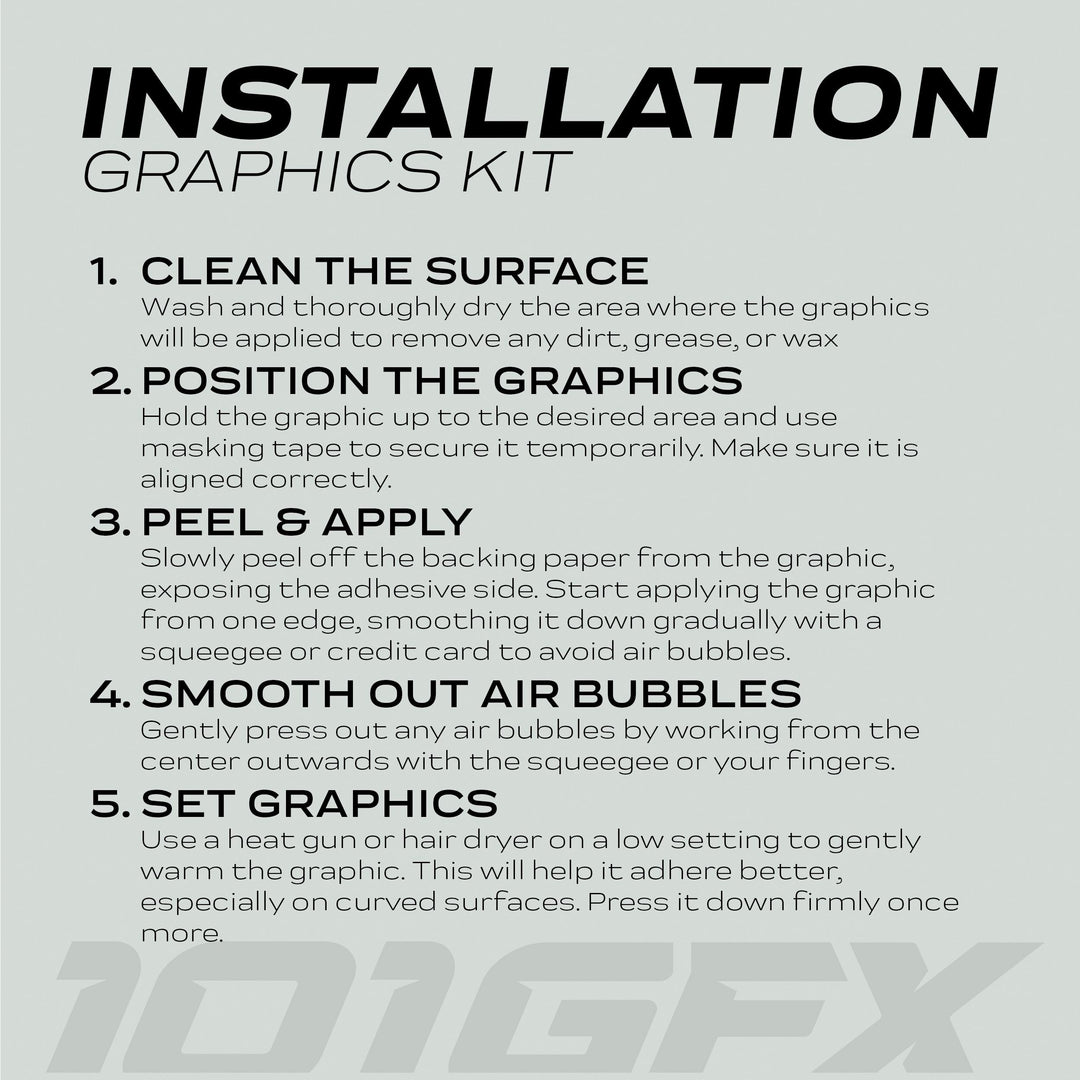 Instructional poster for installing the Talaria Sting MX5 PRO Graphics Kit FOX STRIPES Black Grey Decals. Highlights five-step application process for adhesive graphics.