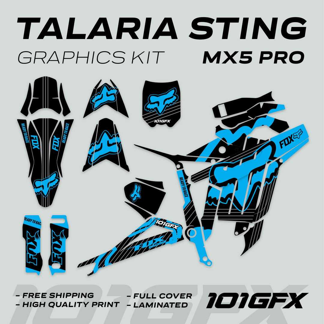 Talaria Sting MX5 PRO Graphics Kit FOX STRIPES features die-cut vinyl decals for electric dirt-bike panels, showcasing FOX logos, Ready to Race, and 101GFX branding.