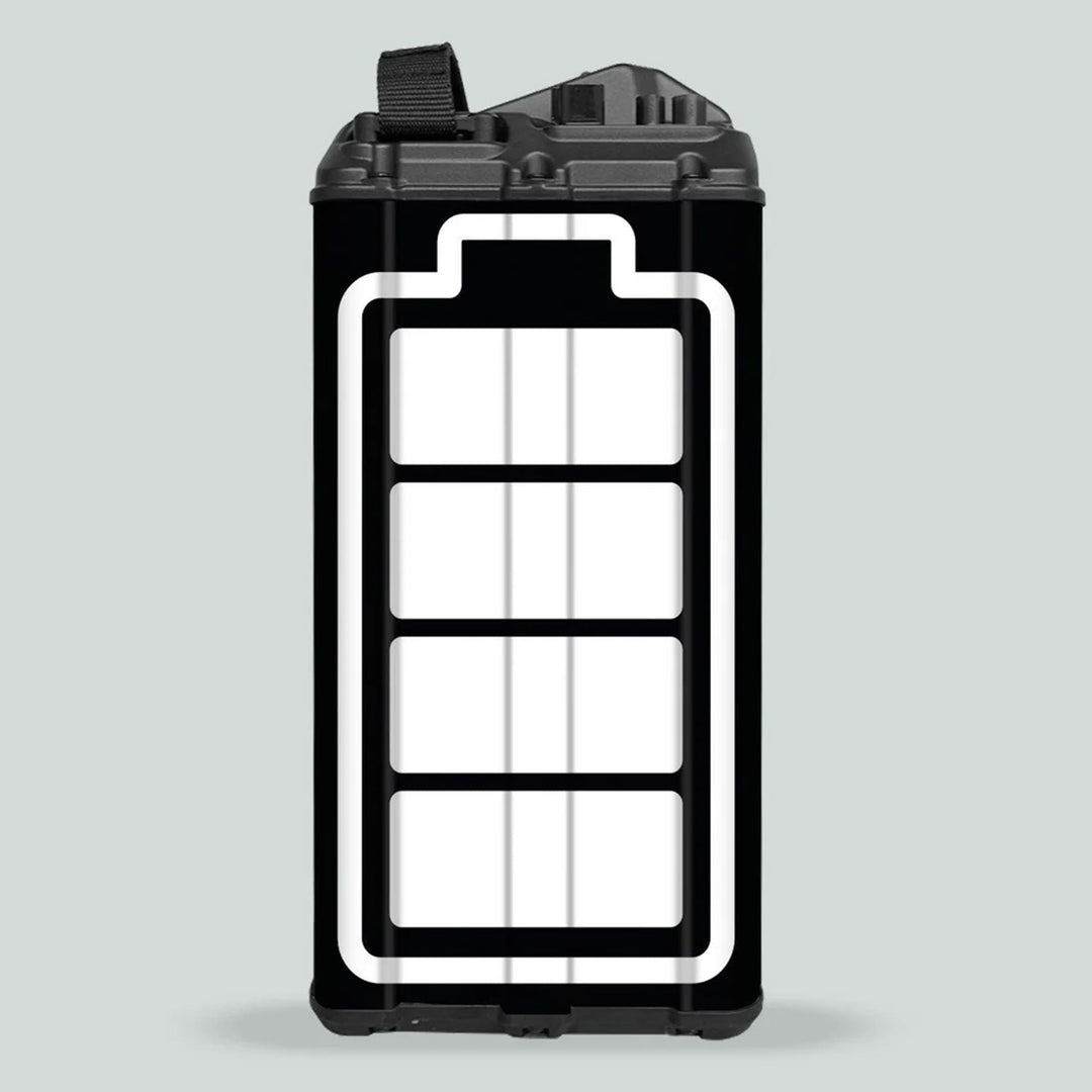 Surron Light Bee X Battery Stickers ICON Black White on a rectangular battery-pack module with a five-segment battery icon, enhancing bike aesthetics and offering durability.