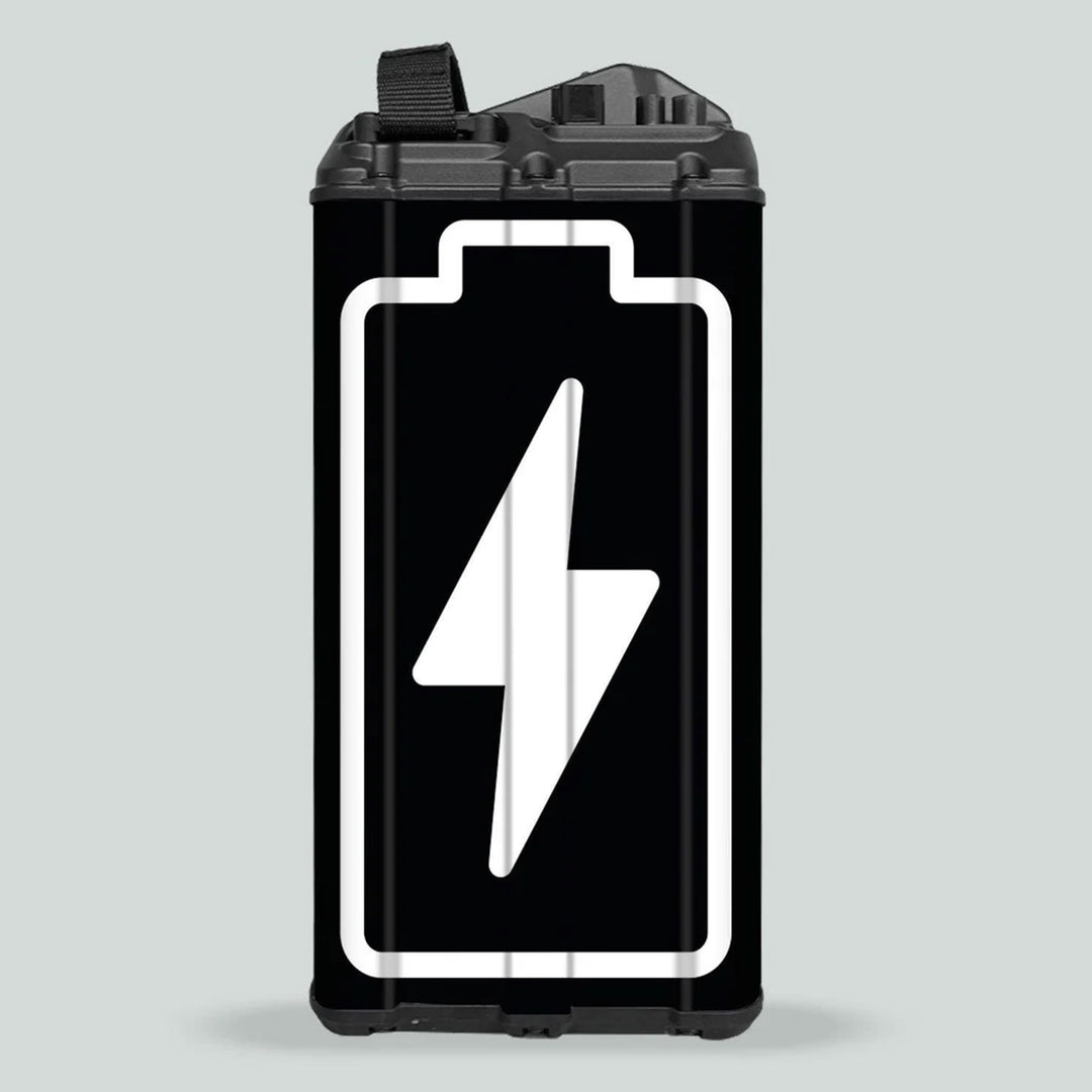 Surron Light Bee X Battery Stickers ICON BOLT on a black battery pack, featuring a white battery outline with a lightning bolt icon, enhancing style and protection.
