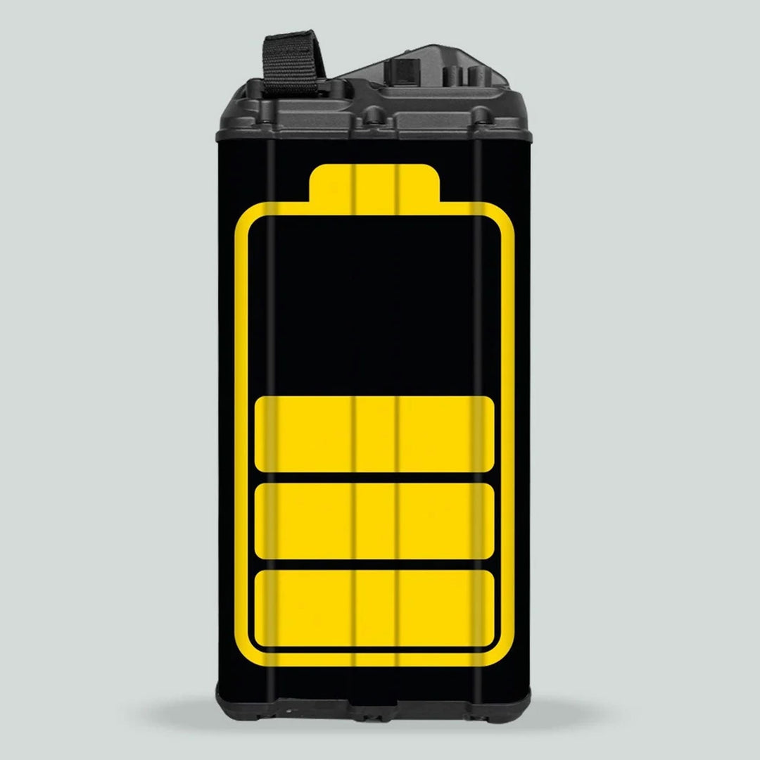 Surron Light Bee X Battery Stickers ICON HALF on a black battery pack with a yellow battery icon, featuring a latch on top for easy application.