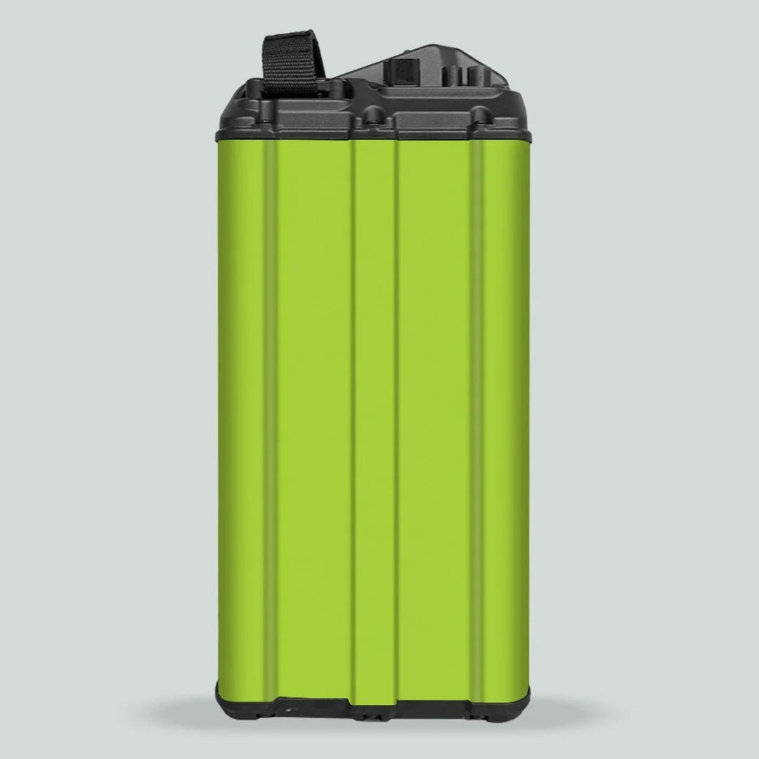 Surron Light Bee X Battery Stickers SOLID Green on a tall, rectangular battery pack with black molded ends and a top fabric handle for customization.