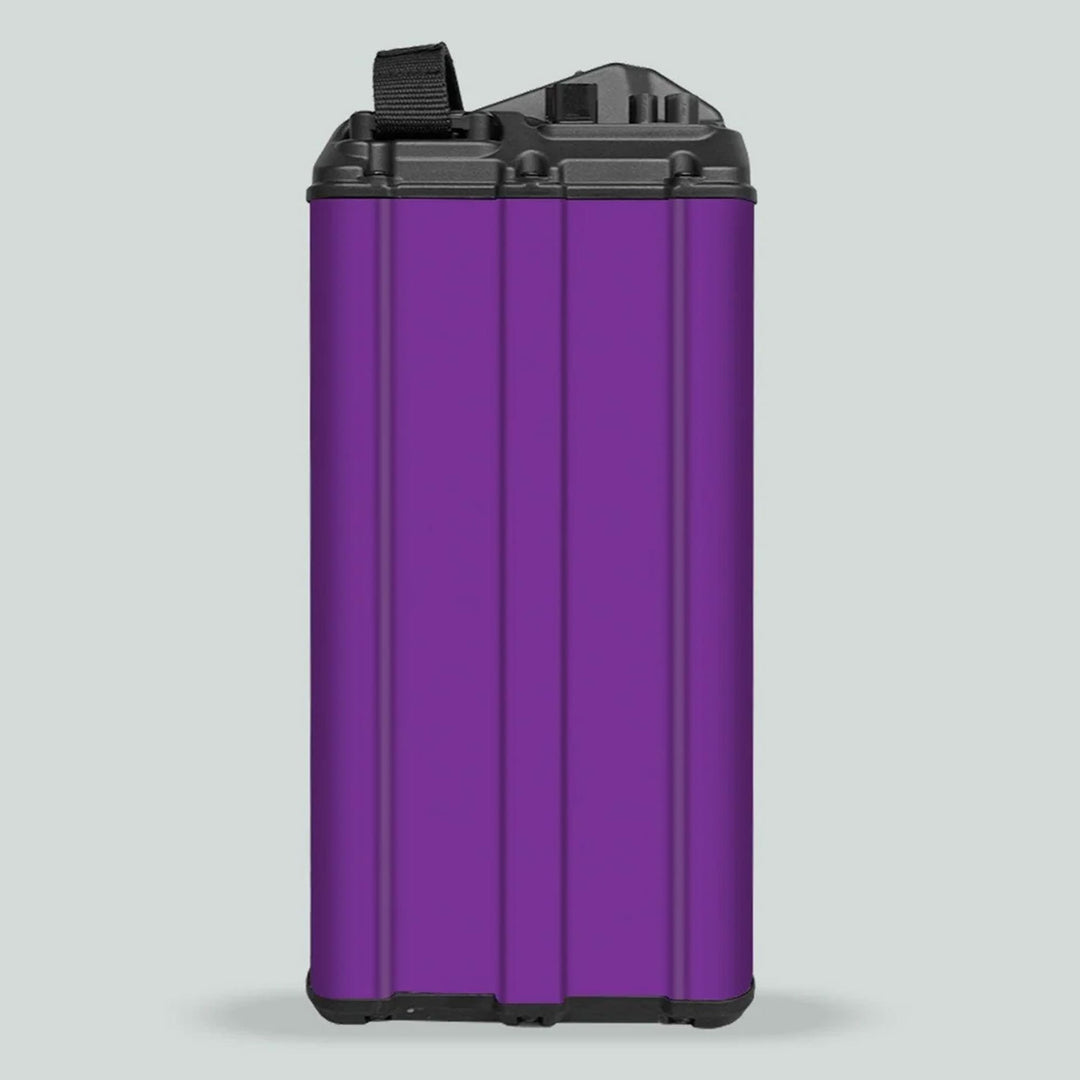 Surron Light Bee X Battery Stickers SOLID Purple on a tall, ribbed module with a black top and electrical points, enhancing bike aesthetics.