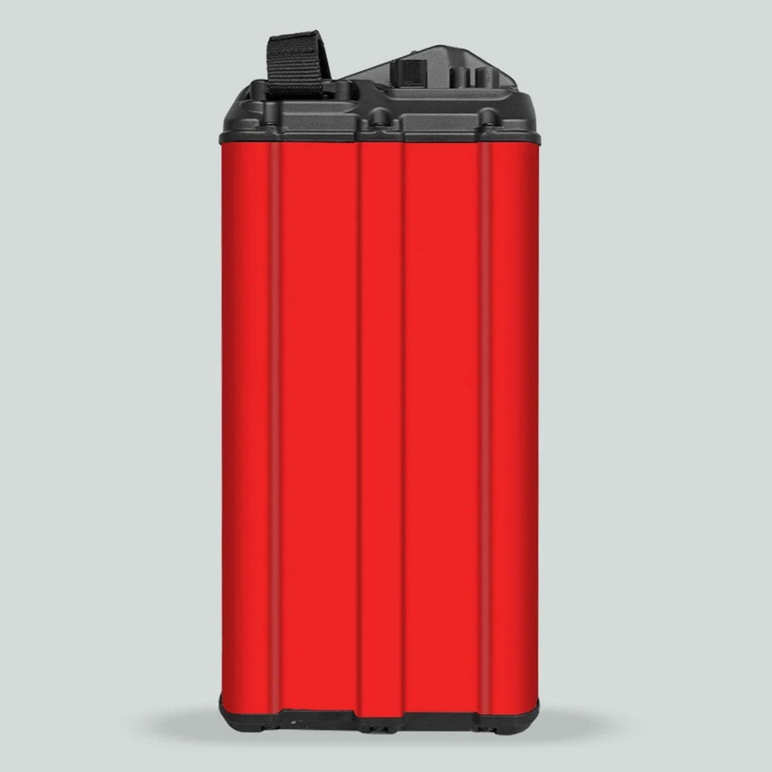 Surron Light Bee X Battery Stickers SOLID Red on a tall battery pack, featuring a ribbed red shell, designed for durability and visual enhancement.