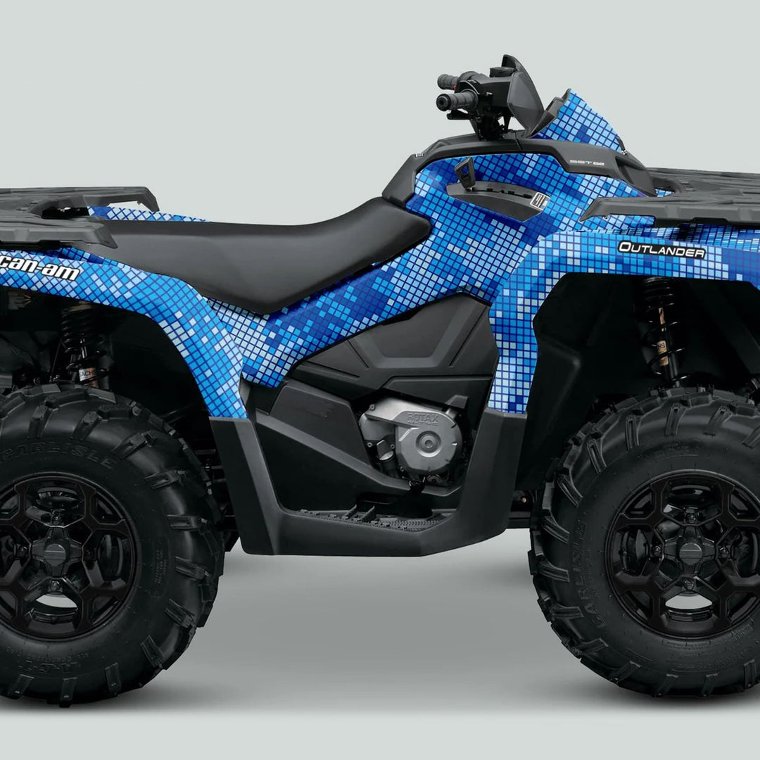 Can-Am OUTLANDER Graphics Kit DIGITAL BLUE on an ATV, featuring pixel-style design, large tires, and durable decals for enhanced style and protection.