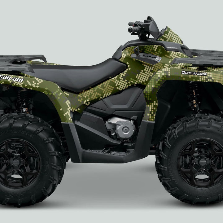 Can-Am OUTLANDER Graphics Kit DIGITAL CAMO Earth on ATV: Green camo decals, black trim, large off-road tires, handlebars with mounted controls.