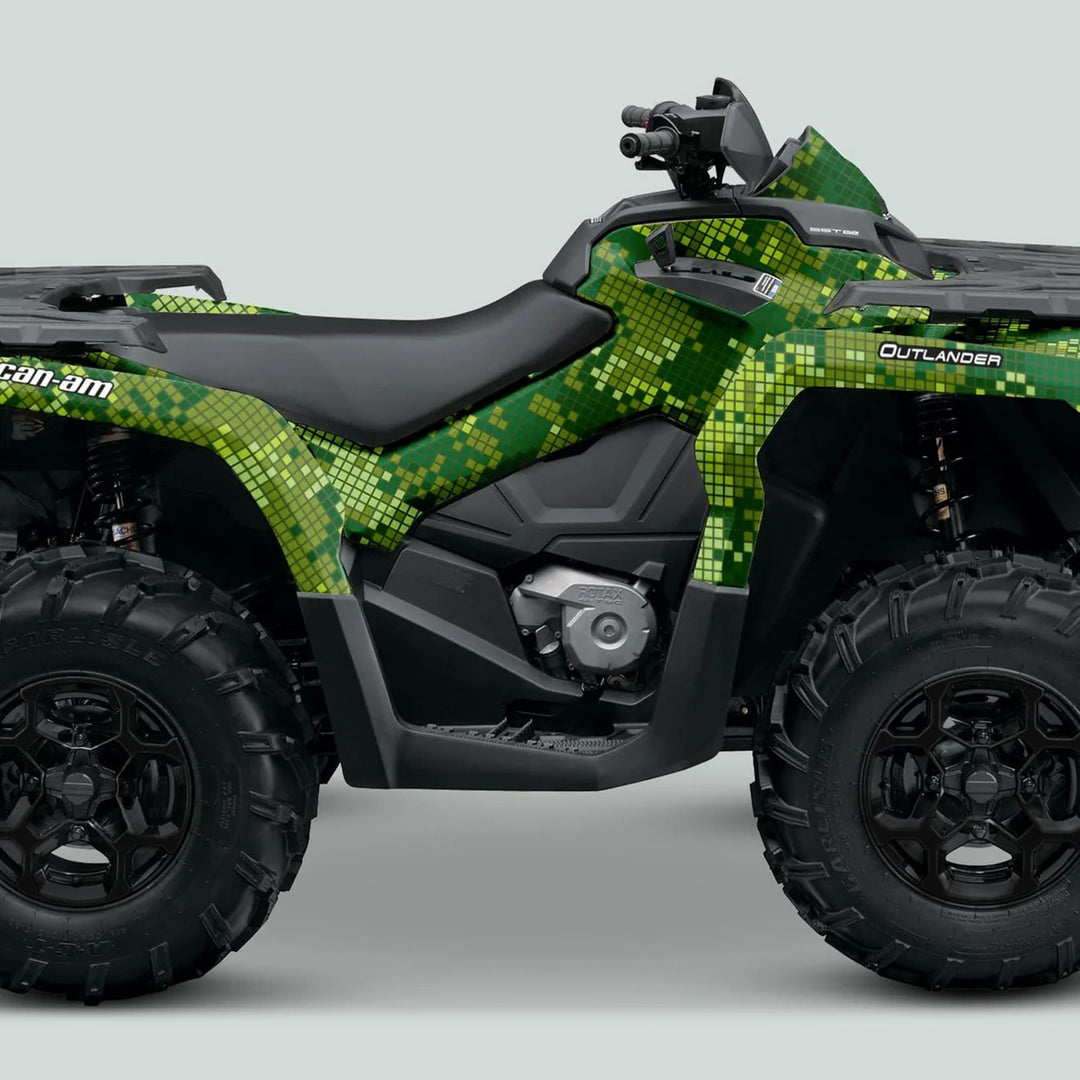 Side profile of a Can-Am OUTLANDER with DIGITAL CAMO Green wrap, showcasing off-road tires, cargo racks, and a bench seat for rugged style and protection.