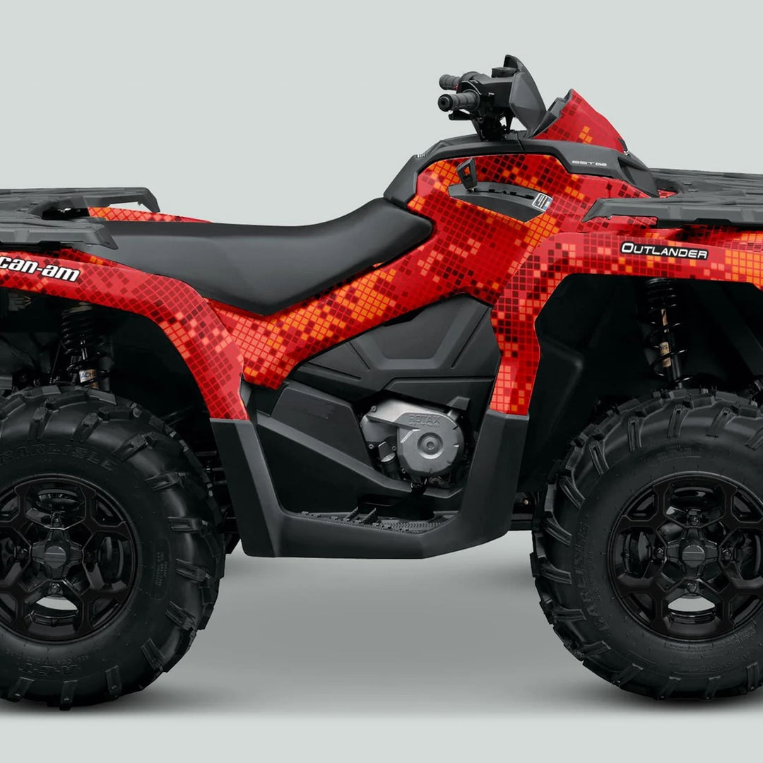 Red Can-Am Outlander ATV with knobby tires, black seat, handlebars, and “Outlander” badging, featuring the Digital Camo Red graphics kit for enhanced style and protection.