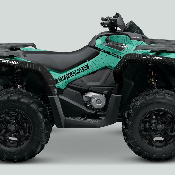 Can-Am OUTLANDER G2 Graphics kit EXPLORER Mint Black on ATV side profile, showcasing rugged tires, handlebars, and styled bodywork for adventurous trail riding.
