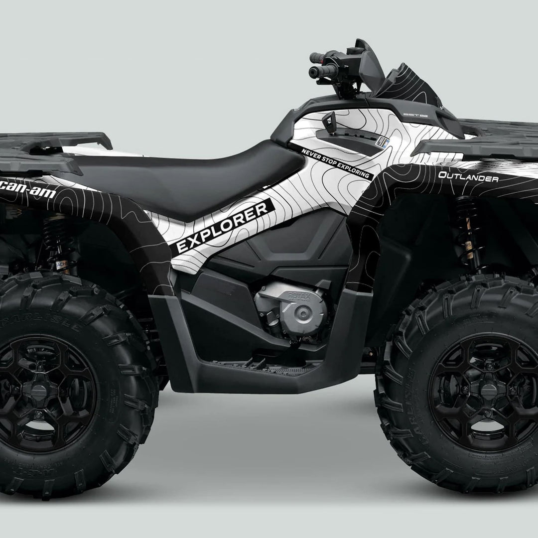 Side profile of Can-Am OUTLANDER G2 Graphics Kit EXPLORER on an ATV, showcasing sleek Explorer and Outlander decals for enhanced aesthetic and protection.
