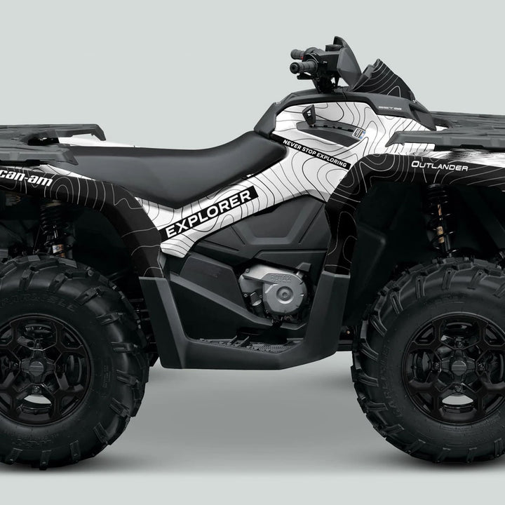 Side profile of Can-Am OUTLANDER G2 Graphics Kit EXPLORER on an ATV, showcasing sleek Explorer and Outlander decals for enhanced aesthetic and protection.