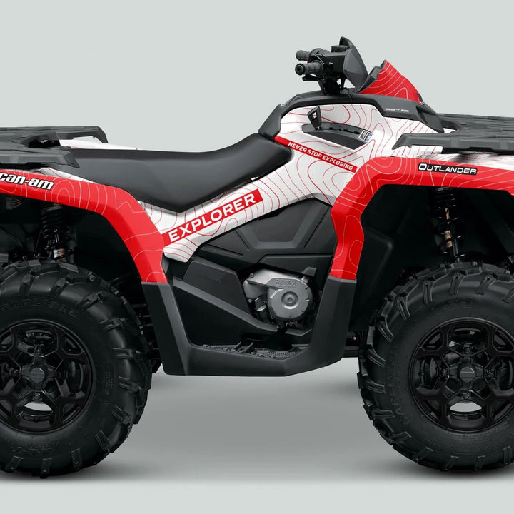 Side view of Can-Am OUTLANDER G2 Graphics Kit EXPLORER, featuring Explorer graphics, Rotax engine, and rugged off-road tires, enhancing style and protection.