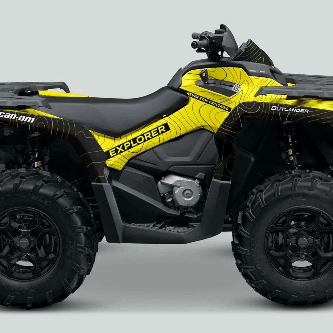 Side view of a Can-Am Outlander with the G2 Graphics Kit EXPLORER in yellow and black, enhancing style and protection.