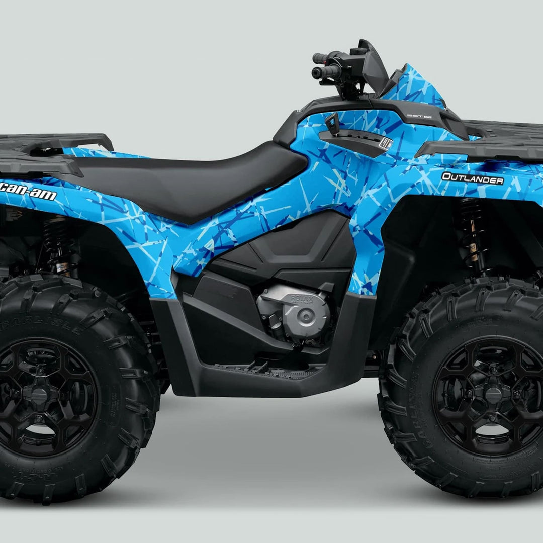 Blue Can-Am Outlander ATV featuring the Can-Am OUTLANDER G2 Graphics Kit SCRATCHY BLUE, highlighting durable, scratch-resistant design on vehicle's side view with knobby tires and seat.