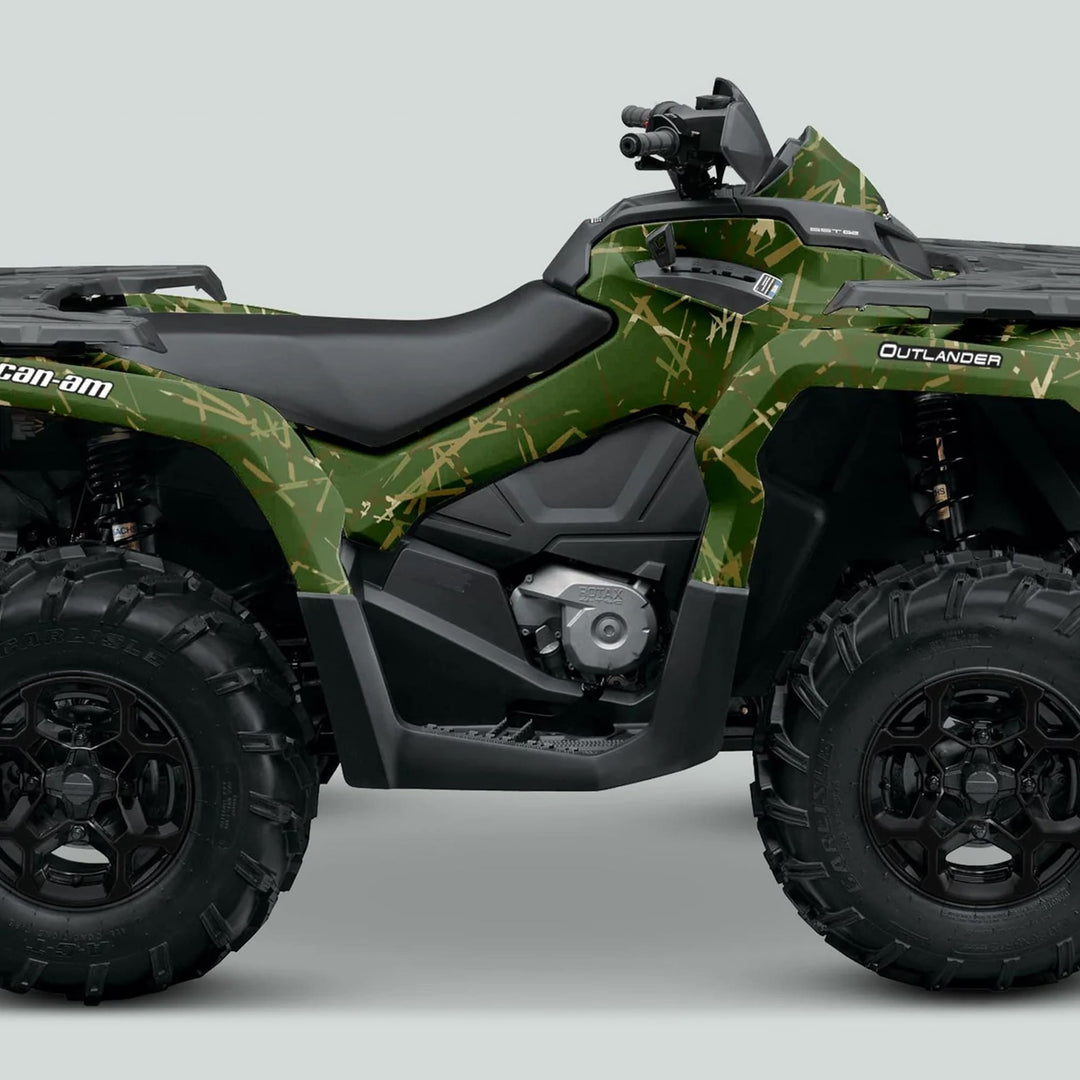 Can-Am OUTLANDER G2 Graphics Kit SCRATCHY EARTH on an ATV, featuring camouflage pattern, knobby tires, and rugged body panels, enhances style and protection.