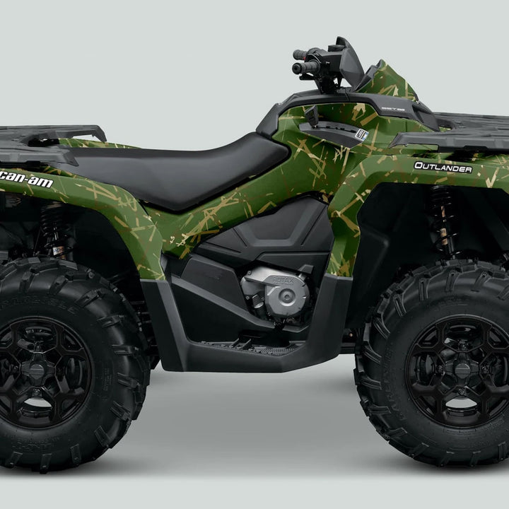 Can-Am OUTLANDER G2 Graphics Kit SCRATCHY EARTH on an ATV, featuring camouflage pattern, knobby tires, and rugged body panels, enhances style and protection.