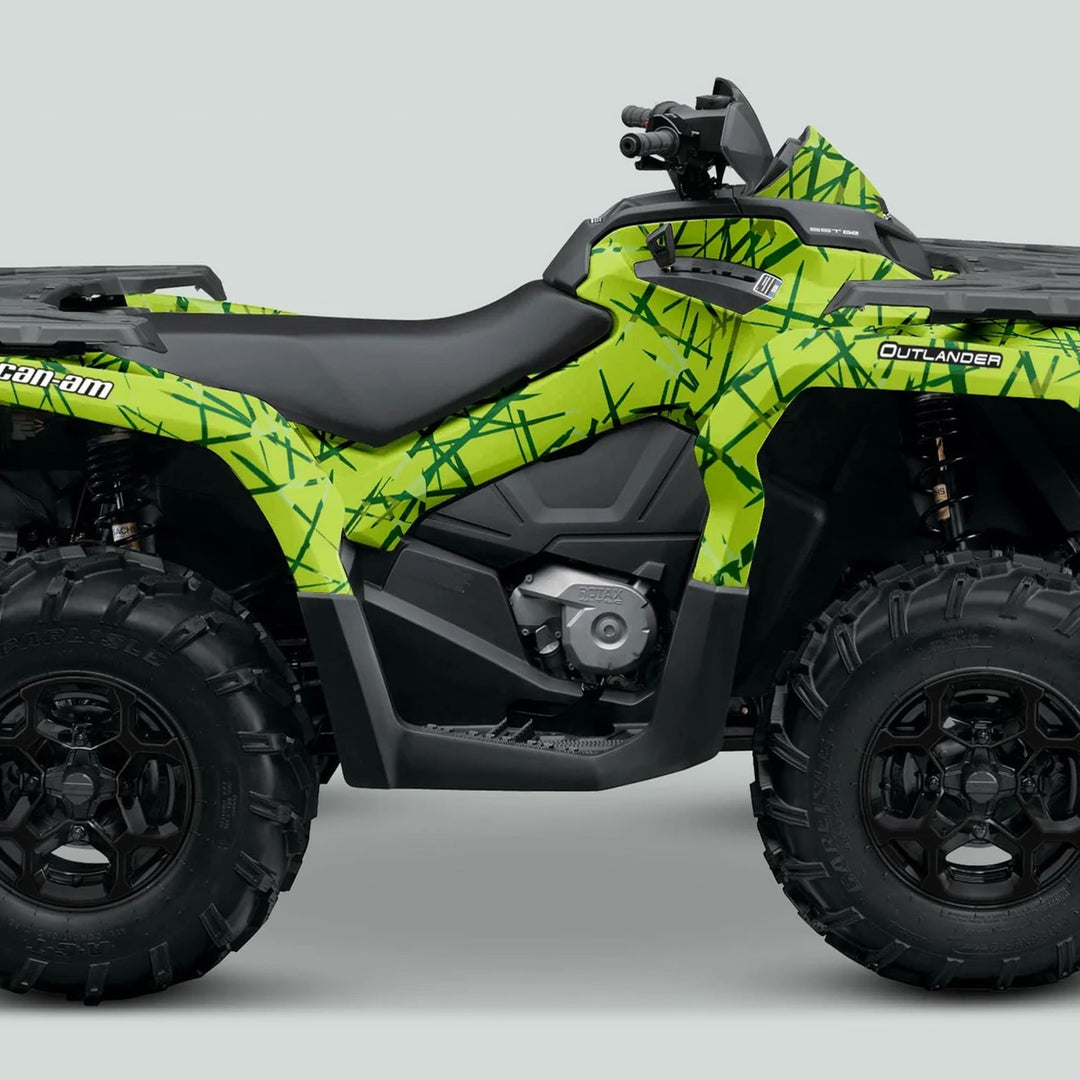 Can-Am OUTLANDER G2 Graphics Kit in Scratchy Green on ATV, featuring abstract camo, black wheels, and branding for style and protection.