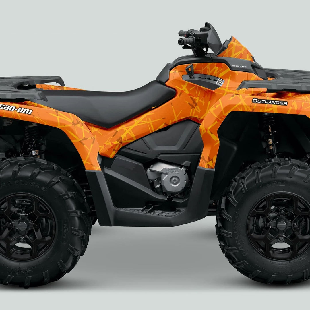 Can-Am OUTLANDER G2 Graphics Kit SCRATCHY RANGE on orange ATV, featuring durable vinyl decals, custom fit, and protective design against UV rays and dirt.