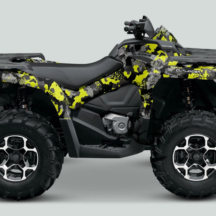 Can-Am OUTLANDER Graphics kit SPLAT CAMO Green on an ATV with chunky tires, single seat, handlebars, enhancing style and protection with a unique camo design.