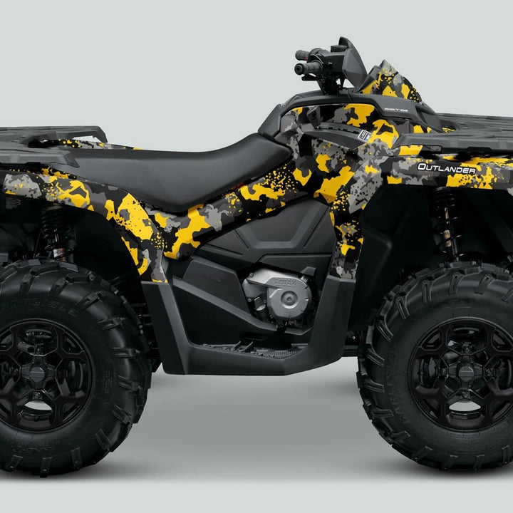 Can-Am OUTLANDER Graphics Kit SPLAT CAMO Yellow on ATV; showcases vibrant splatter-camouflage design, enhancing aesthetics and protection with easy installation on off-road vehicle.