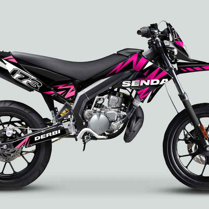 Derbi Senda motorcycle showcasing the Graphics Kit X-Treme 2011-2017, featuring striking Lightning Magenta Pink, highlighting its sleek design and robust two-stroke engine configuration.