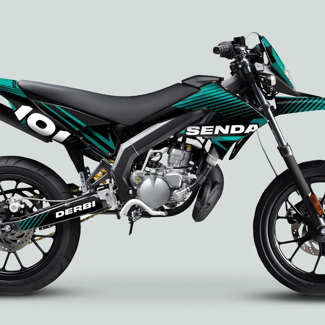Derbi Senda Graphics Kit X-Treme 2011-2017 enhances the modern supermoto with sleek decals, visible Senda and Derbi graphics, ensuring a stylish, durable upgrade.