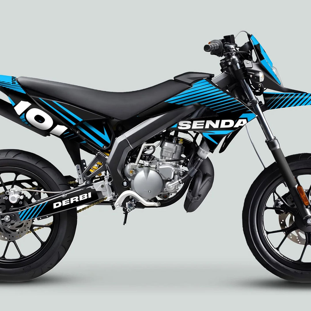 Derbi Senda Graphics Kit X-Treme 2011-2017, featuring sleek black and blue stripes, tailored for a supermoto-style dirt bike with street-style wheels and high-mounted exhaust.