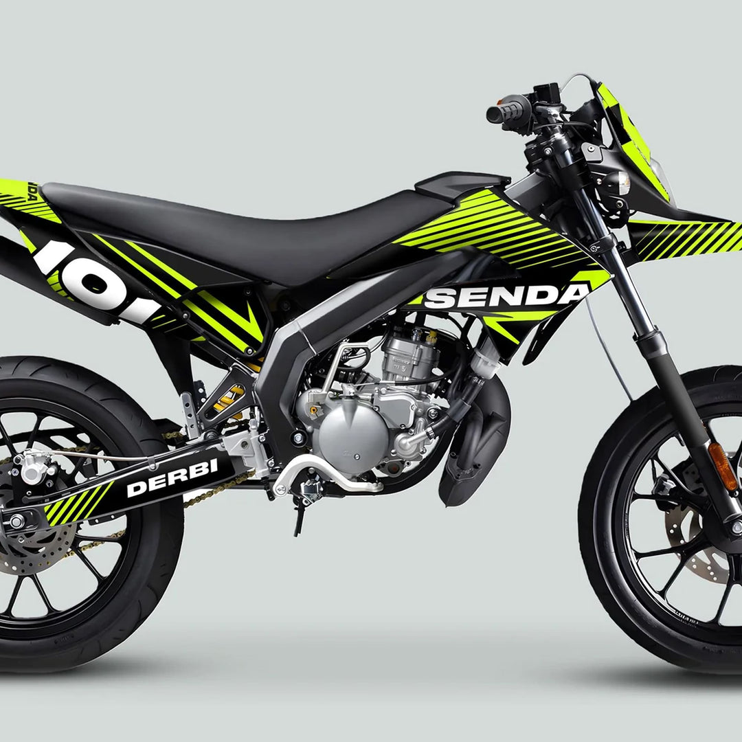 Derbi Senda Graphics Kit X-Treme 2011-2017, featuring neon-yellow/green striping on a black frame, tailored for seamless application on supermoto-style motorcycles.