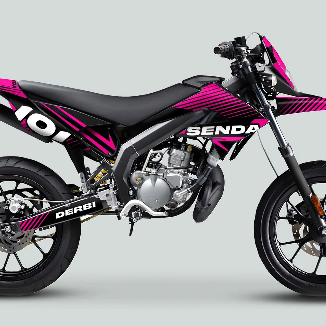 Side-view of Derbi Senda with Graphics Kit X-Treme 2011-2017 LINE SPACE Black Magenta, showcasing pink-striped fairing and branding, spoked wheels, and disc brake.