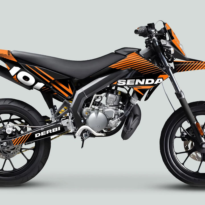 Derbi Senda Graphics Kit X-Treme 2011-2017 on black and orange supermoto motorcycle, highlighting custom fit and vibrant design for enhanced street presence.