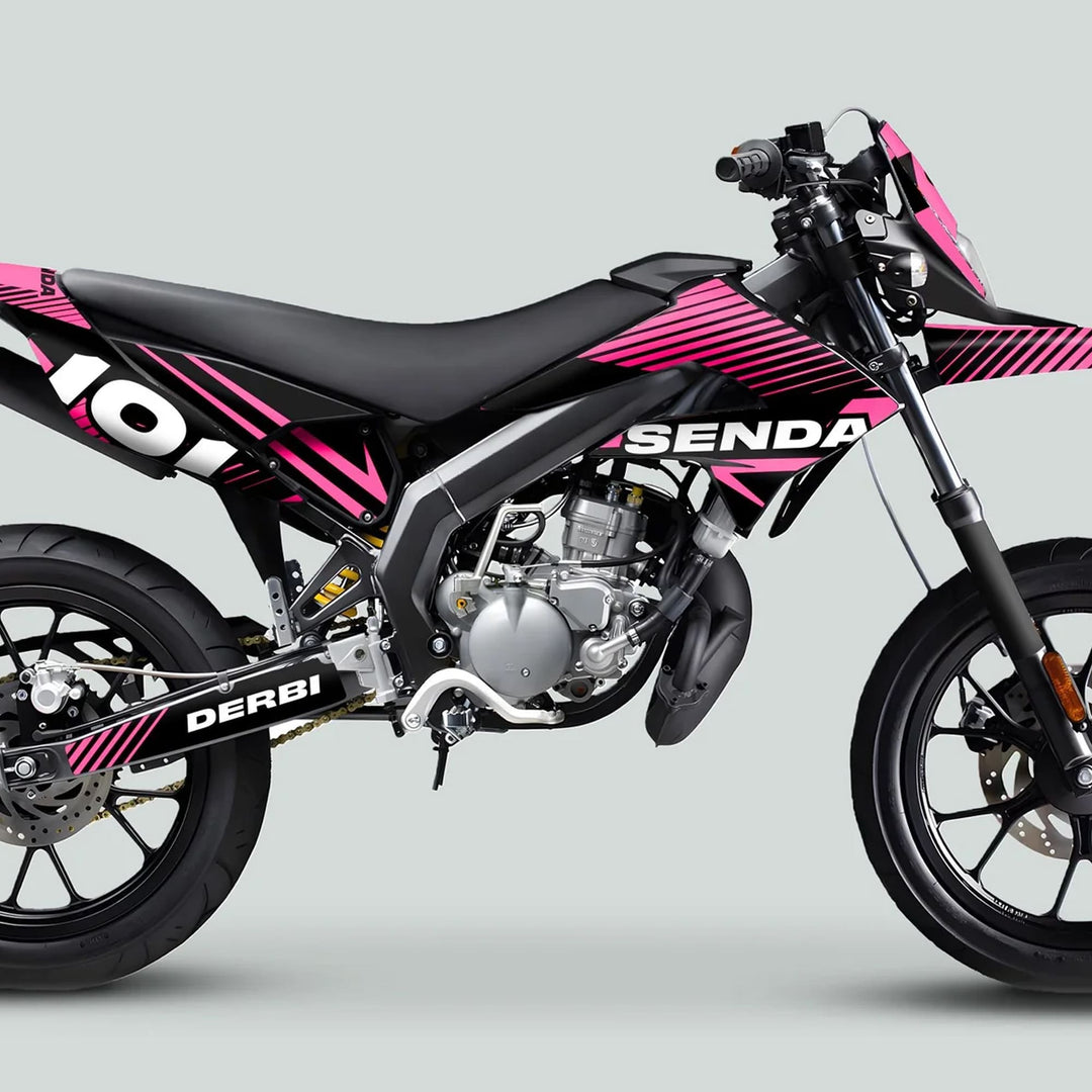 Derbi Senda Graphics Kit X-Treme 2011-2017 enhances the bike with a black-and-pink livery, featuring precise decals for a standout, custom fit.