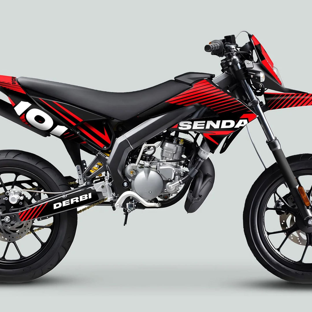 Derbi Senda motorcycle with Senda and Derbi badging, showcasing the Graphics Kit X-Treme 2011-2017 LINE SPACE Black Red for enhanced style and protection.