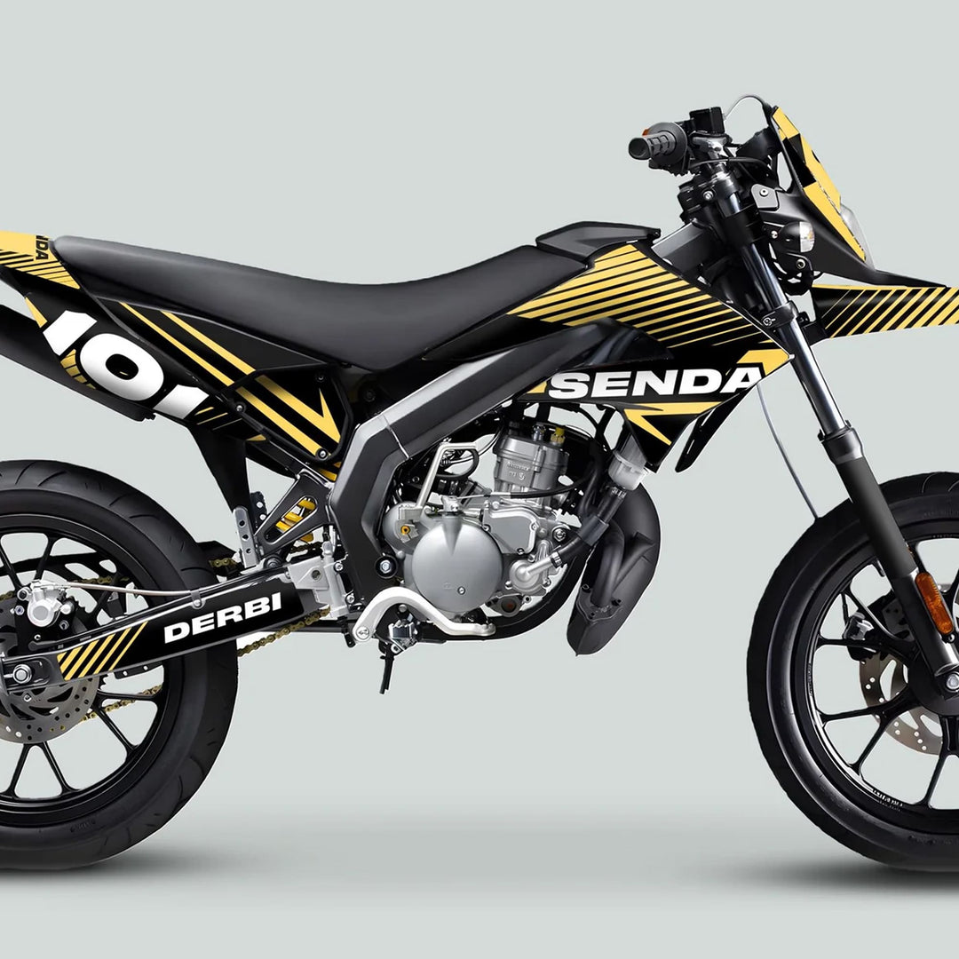 Derbi Senda Graphics Kit X-Treme 2011-2017 enhances the black-yellow supermoto's style, offering durable, custom-fit decals for a standout, refreshed appearance.