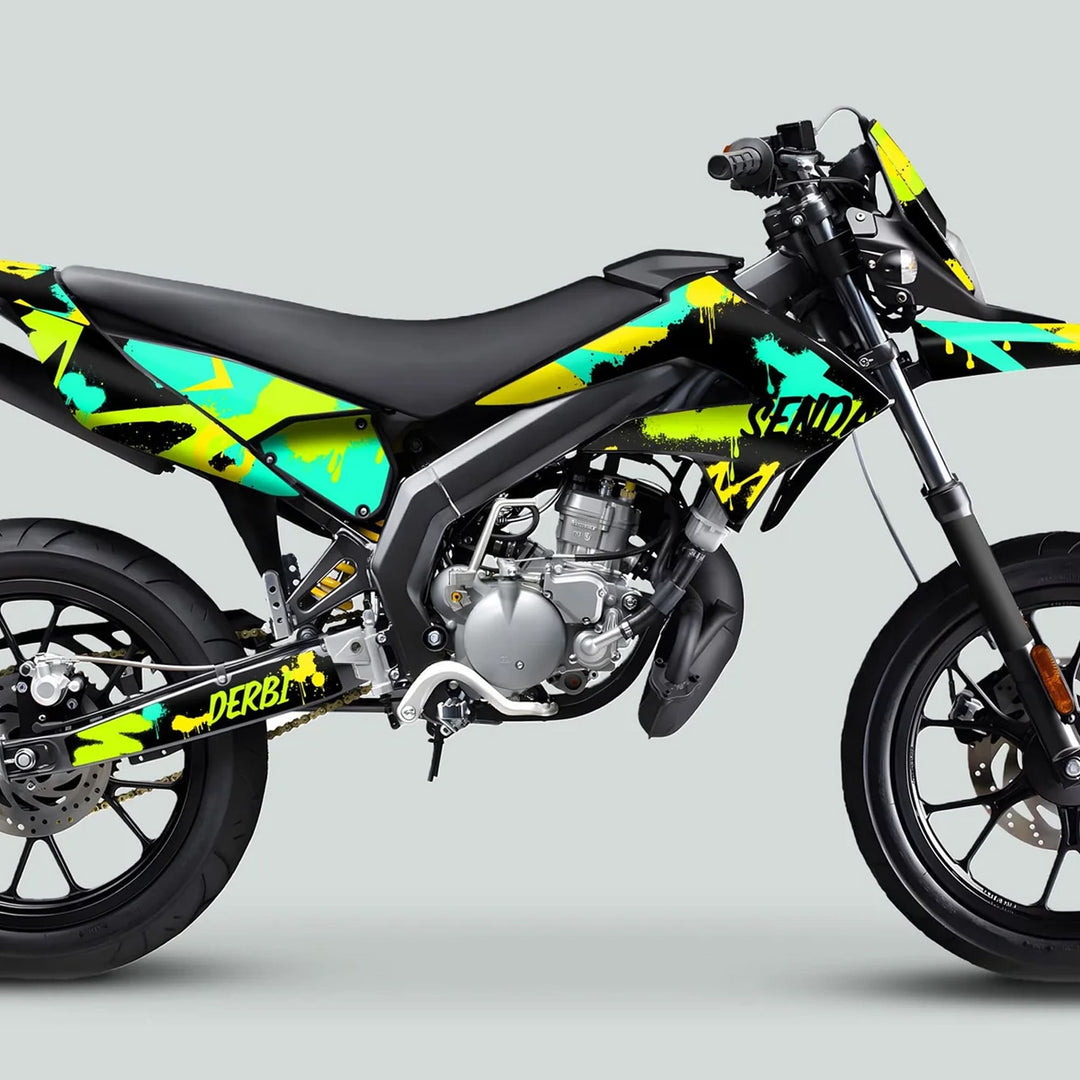 Derbi Senda Graphics Kit X-Treme 2011-2017 SPLASH GREEN MINT on a slim, supermoto-style bike with neon graphics, highlighting aesthetics and protection.
