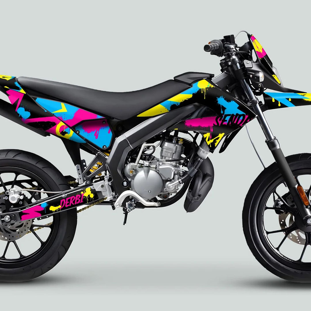 Derbi Senda with Graphics Kit X-Treme 2011-2017, featuring a vibrant graffiti-inspired wrap, trellis frame, and off-road setup.