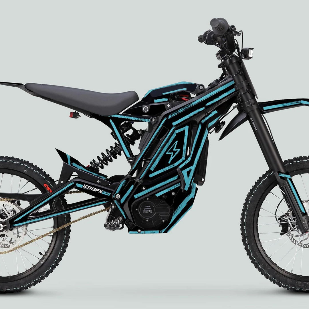 Side-profile of the E Ride Pro SS Graphics Kit BRUSH Black Mint on an electric dirt-bike, showcasing its sleek frame with motor and suspension.