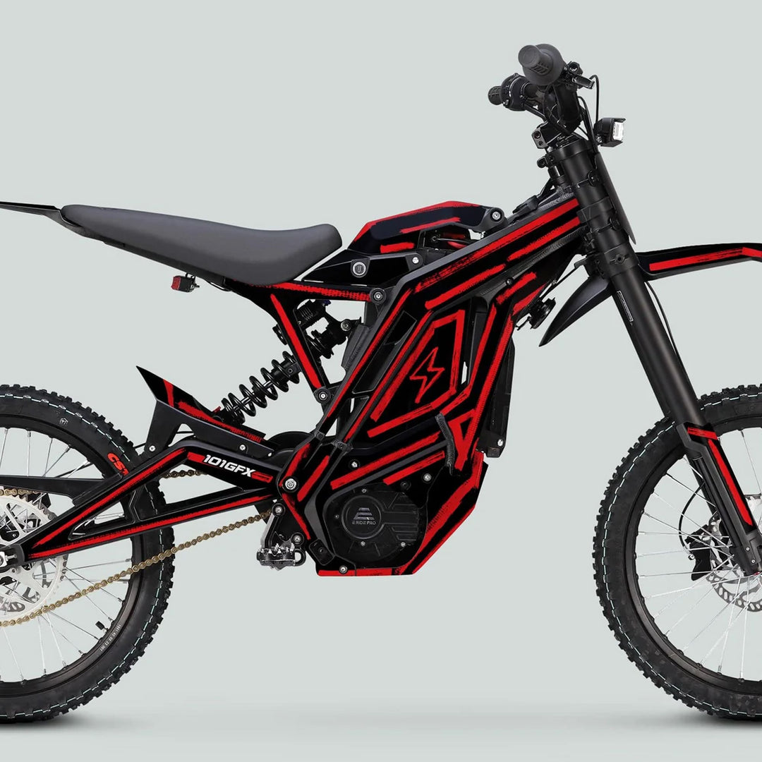Side view of an off-road electric motorcycle with E Ride Pro SS Graphics Kit BRUSH Black Red, featuring bold accents and durable, stylish design elements.
