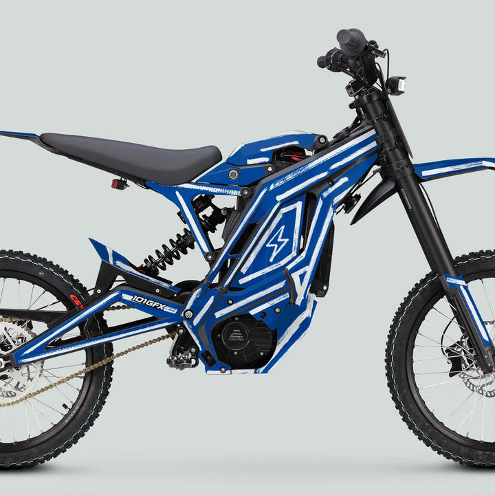 Blue off-road electric dirt bike featuring the E Ride Pro SS Graphics Kit BRUSH Blue White, showcasing a tubular frame, central battery, and knobby tires.