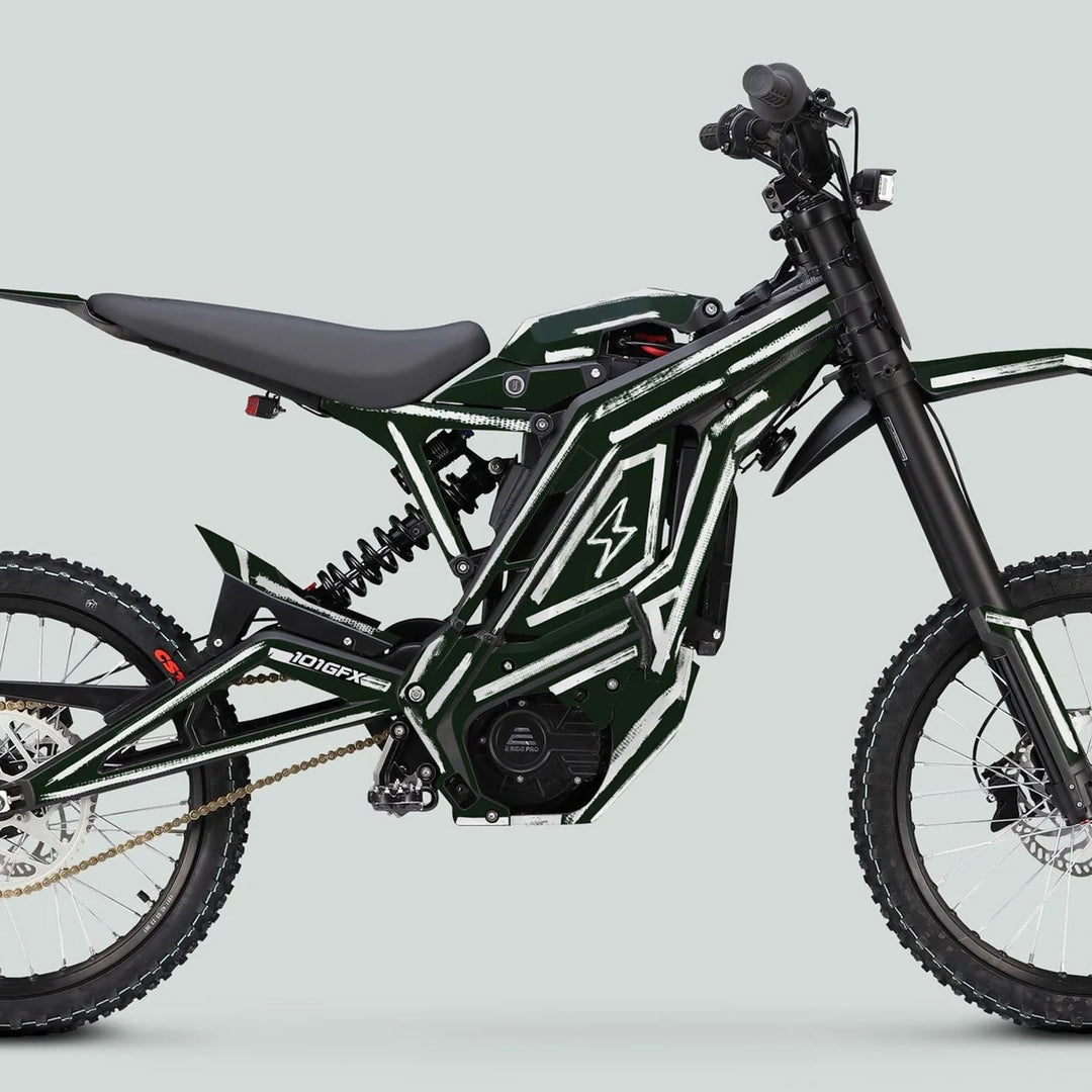 Side-view of an off-road electric dirt bike with E Ride Pro SS Graphics Kit in Greenish White, featuring durable decals, gold chain, and knobby tires.