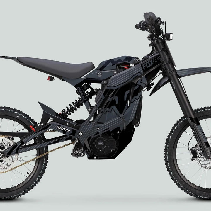 E Ride Pro SS Graphics Kit FOX R Stripes Grey Black on e-dirtbike, showcasing elegant decals, refined tubular frame, and off-road features like knobby tires and BMX-style footpegs.