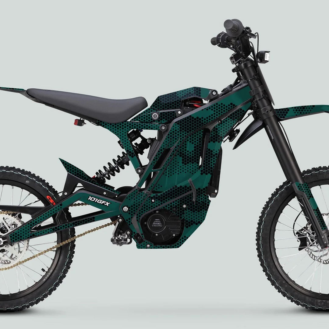 E Ride Pro SS Graphics Kit HEXOCAM AVENTUR displayed on a side-profile off-road electric dirt bike with knobby tires and a tubular frame.